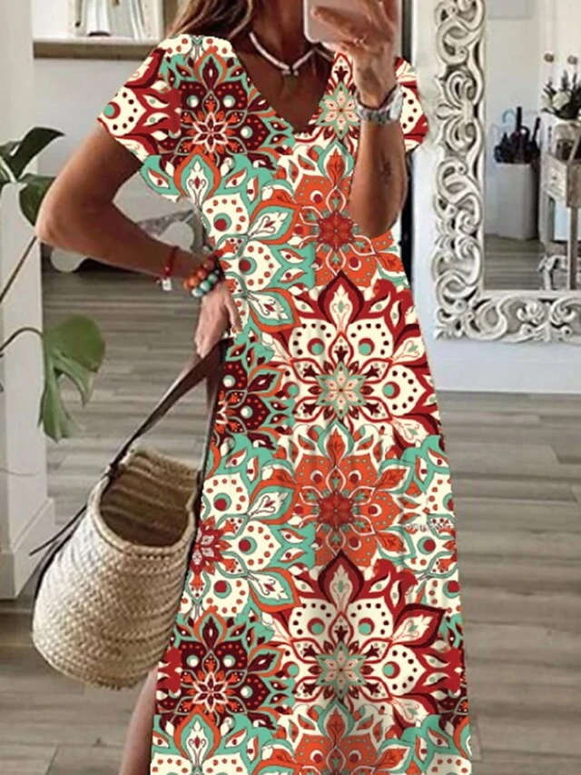 Women's Long Dress Maxi Dress Casual Dress Swing Dress Boho Dress Floral Tribal Modern Casual Daily Holiday Vacation Print Short Sleeve V Neck Dress Regular Fit Pink Red Orange Summer Spring S M L XL 4 Women's Long Dress Maxi Dress Casual Dress Swing Dress Boho Dress Floral Tribal Modern Casual Daily Holiday Vacation Print Short Sleeve V Neck Dress Regular Fit Pink Red Orange Summer Spring S M L XL - Image 4