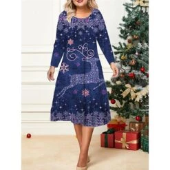 Women's Christmas Plus Size Curve Casual Dress Skater Dress A Line Dress Elk Snowflake Midi Dress Long Sleeve Print Crew Neck Fashion Outdoor Wine Purple Fall Winter L XL XXL 3XL 4XL -Casual Print Dress Sales cdihty1695640885012