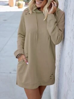 Women's Casual Dress Hoodie Dress Plain Dress Mini Dress Pocket Ripped Outdoor Daily Going Out Active Fashion Hooded Long Sleeve 2023 Loose Fit Pink Khaki Army Green Color S M L XL Size -Casual Print Dress Sales ceogdp1694487160557