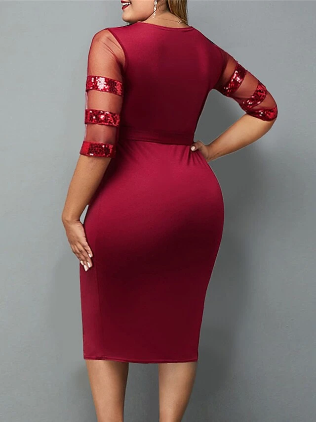 Women's Plus Size Party Dress Sequin Dress Cocktail Dress Midi Dress Wine Half Sleeve Pure Color Lace Up Summer Spring Fall V Neck Fashion Wedding Guest Birthday Vacation 2023 XL XXL 3XL 4XL 5XL 2 Women's Plus Size Party Dress Sequin Dress Cocktail Dress Midi Dress Wine Half Sleeve Pure Color Lace Up Summer Spring Fall V Neck Fashion Wedding Guest Birthday Vacation 2023 XL XXL 3XL 4XL 5XL - Image 2