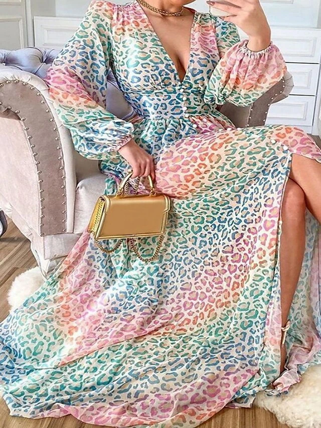 Women's Casual Dress Swing Dress A Line Dress Print Split Print V Neck Long Dress Maxi Dress Active Fashion Outdoor Daily Long Sleeve Regular Fit Rainbow Spring Fall S M L XL XXL 3 Women's Casual Dress Swing Dress A Line Dress Print Split Print V Neck Long Dress Maxi Dress Active Fashion Outdoor Daily Long Sleeve Regular Fit Rainbow Spring Fall S M L XL XXL - Image 3