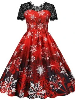 Women's Christmas Swing Dress Vintage DressKnee Length Dress Green Wine Dark Green Fuchsia Red Black Short Sleeve Santa Claus Snowman Snowflake Lace Print Fall Winter V Neck Vacation Vintage 2022 S -Casual Print Dress Sales cfqfgy1665293367838