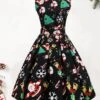Women's Christmas Swing Dress Knee Length Dress Black SleevelessSnowman Candy Zipper Bow Print Fall Spring Round Neck VintageParty 2021 S M L XL XXL XXXL