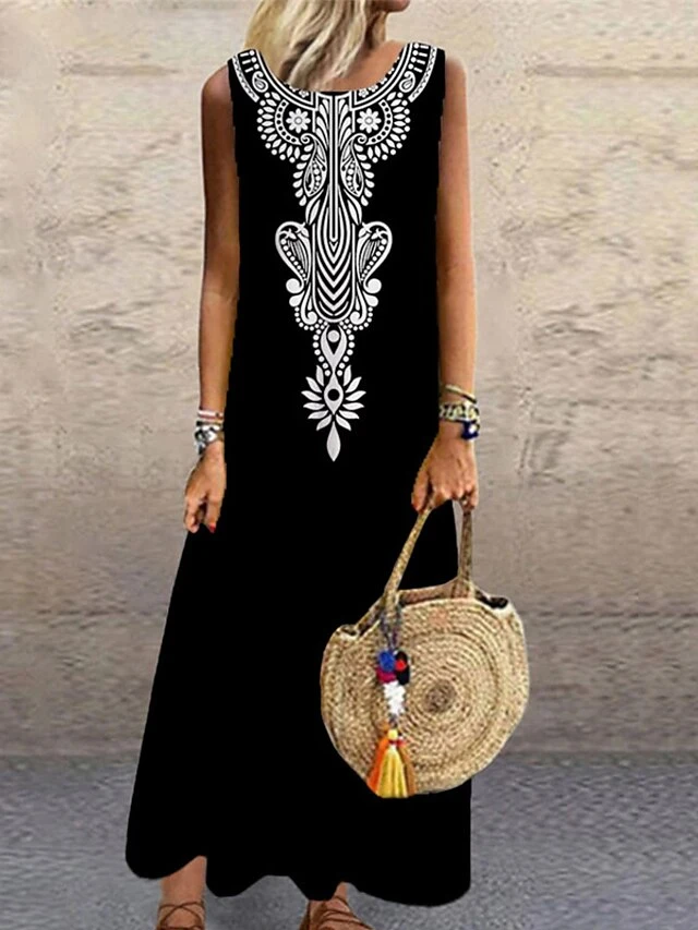 Women‘s Shift Dress Long Dress Maxi Dress Black White Sleeveless Floral Print Spring Summer Crew Neck Casual 2023 S M L XL XXL 3XL 2 Women‘s Shift Dress Long Dress Maxi Dress Black White Sleeveless Floral Print Spring Summer Crew Neck Casual 2023 S M L XL XXL 3XL - Image 2