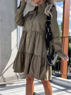 Women's Shirt Dress Casual Dress Swing Dress Midi Dress Outdoor Daily Vacation Cotton Basic Modern Shirt Collar Ruffle Button Long Sleeve Fall Winter 2023 Regular Fit ArmyGreen Black White Pure Color -Casual Print Dress Sales cghtkx1695813926865