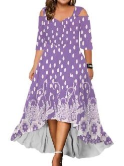 Women‘s Plus Size Curve Party Dress Wedding Guest Dress Swing Dress Long Dress Maxi Dress Blue Light Purple Purple 3/4 Length Sleeve Floral Cold Shoulder Summer Spring Fall V Neck Fashion Birthday -Casual Print Dress Sales cgkhrk1690428399375