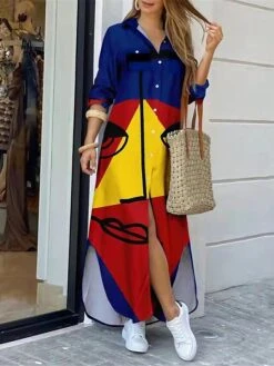 Women's Shirt Dress Casual Dress Maxi Long Dress Outdoor Daily Polyester Fashion Modern Shirt Collar Button Split Long Sleeve Summer Spring Fall 2023 Regular Fit White Wine Red Abstract S M L XL XXL
