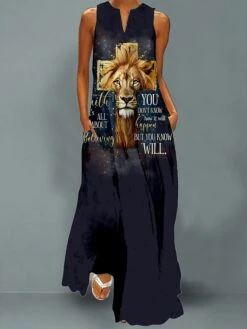 Women's Easter Cross Long Dress Maxi Dress Casual Dress Swing Dress Print Dress Casual Holiday Vacation Beach Pocket Print Sleeveless V Neck Dress Loose Fit Black Yellow Blue Spring -Casual Print Dress Sales cgrvgy1676530198326