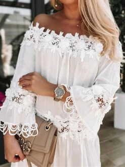 Women's Casual Dress Lace Dress Shift Dress Plain Tassel Fringe Lace Off Shoulder Midi Dress Basic Fashion Outdoor Daily 3/4 Length Sleeve Loose Fit White Spring Summer S M L XL XXL -Casual Print Dress Sales chdneq1675755412792