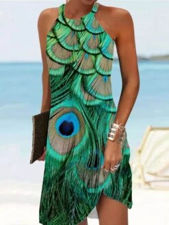 Women's Casual Dress Summer Dress Slip Dress Feather Print Halter Mini Dress Active Fashion Outdoor Daily Sleeveless Regular Fit Yellow Blue Green Summer Spring S M L XL XXL