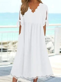 Women's Casual Dress Summer Dress Loose Dress Plain Ruched Pocket Scalloped Neck Midi Dress Fashion Classic Outdoor Daily Short Sleeve Regular Fit White Summer Spring S M L XL XXL