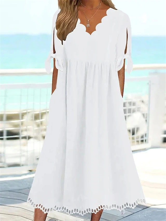 Women's Casual Dress Summer Dress Loose Dress Plain Ruched Pocket Scalloped Neck Midi Dress Fashion Classic Outdoor Daily Short Sleeve Regular Fit White Summer Spring S M L XL XXL 1 Women's Casual Dress Summer Dress Loose Dress Plain Ruched Pocket Scalloped Neck Midi Dress Fashion Classic Outdoor Daily Short Sleeve Regular Fit White Summer Spring S M L XL XXL