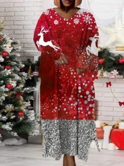 Women‘s Plus Size Christmas Dress Print V Neck Long Sleeve Winter Fall Modern Maxi Long Dress Daily Dress