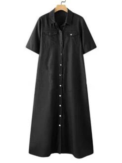 Women's Denim Dress Shirt Dress Shift Dress Maxi Long Dress Outdoor Vacation Denim Elegant Classic Shirt Collar Button Split Half Sleeve Summer Spring 2023 Regular Fit Black Navy Blue Light Blue Pure -Casual Print Dress Sales cinbpg1654746627354