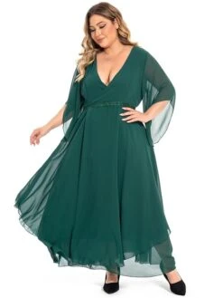 Women‘s Plus Size Curve Casual Dress Swing Dress Plain Long Dress Maxi Dress 3/4 Length Sleeve Layered V Neck Basic Outdoor Dark Green Summer Spring L XL XXL 3XL 4XL -Casual Print Dress Sales cjkmas1694771212017