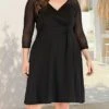 Women's Plus Size Curve Casual Dress Winter Dress Sheath Dress Plain Midi Dress Long Sleeve Ruched Mesh V Neck Fashion Outdoor Black Fall Winter XL XXL 3XL 4XL 5XL