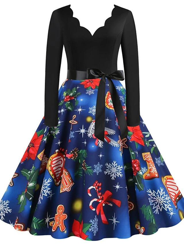 Women's Christmas Swing Dress Vintage DressKnee Length Dress Blue Red Navy Blue Black Long Sleeve Plaid Santa Claus Elk Bow Print Fall Winter V Neck Vacation Vintage 2022 S M L XL XXL 3XL 8 Women's Christmas Swing Dress Vintage DressKnee Length Dress Blue Red Navy Blue Black Long Sleeve Plaid Santa Claus Elk Bow Print Fall Winter V Neck Vacation Vintage 2022 S M L XL XXL 3XL - Image 8