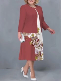 Women's Plus Size Two Piece Dress Set Casual Dress Print Dress Outdoor Office Fashion Streetwear Print Midi Dress Crew Neck Long Sleeve Floral Regular Fit Yellow Light Green Dark Pink Fall Winter L -Casual Print Dress Sales ckjqzm1693374465426