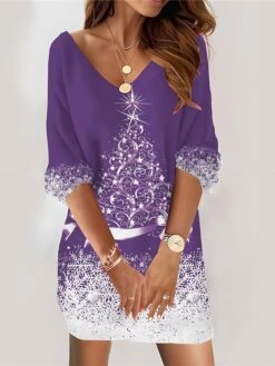 Women‘s Christmas Casual Dress Sweatshirt Dress Mini Dress Fashion Daily Outdoor Vacation V Neck Print Tree Loose Fit Black Red Blue S M L XL XXL -Casual Print Dress Sales ckovvo1695027790433