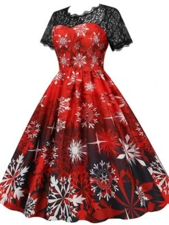 Women's Christmas Swing Dress Vintage DressKnee Length Dress Green Wine Dark Green Fuchsia Red Black Short Sleeve Santa Claus Snowman Snowflake Lace Print Fall Winter V Neck Vacation Vintage 2022 S -Casual Print Dress Sales cldirx1665293368571