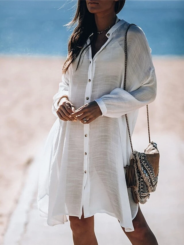 Women's Swimwear Cover Up Beach Top Normal Swimsuit Button Pure Color White Bathing Suits New Vacation Fashion 1 Women's Swimwear Cover Up Beach Top Normal Swimsuit Button Pure Color White Bathing Suits New Vacation Fashion