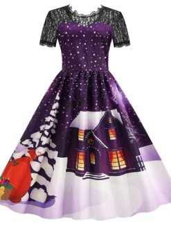 Women's Christmas Knee Length Dress Blue Purple Wine Green Black Red Short Sleeve Print Lace Print Fall Winter Round Neck CasualRegular Fit 2021 S M L XL XXL 3XL -Casual Print Dress Sales clreep1632737572872