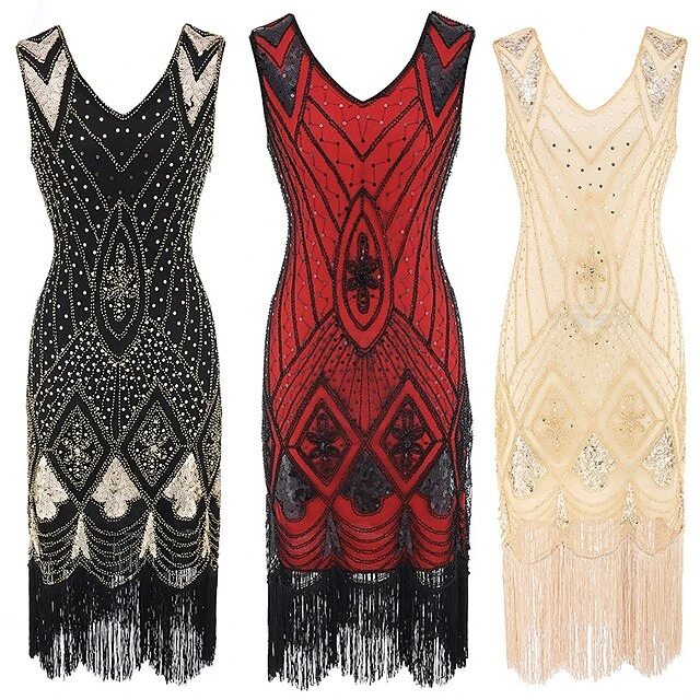 Women's Retro 1920s Fringe Dress Midi Dress Party Halloween Sequins Tassel Fringe Geometric V Neck Sleeveless Regular Fit Spring Fall 2023 Black Red S M L XL 2 Women's Retro 1920s Fringe Dress Midi Dress Party Halloween Sequins Tassel Fringe Geometric V Neck Sleeveless Regular Fit Spring Fall 2023 Black Red S M L XL - Image 2