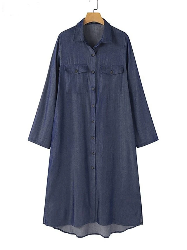 Women's Shirt Dress Casual Dress Midi Dress Outdoor Daily Denim Fashion Modern Shirt Collar Button Pocket Long Sleeve Summer Spring Fall 2023 Loose Fit Black Navy Blue Blue Pure Color S M L XL 2XL 4 Women's Shirt Dress Casual Dress Midi Dress Outdoor Daily Denim Fashion Modern Shirt Collar Button Pocket Long Sleeve Summer Spring Fall 2023 Loose Fit Black Navy Blue Blue Pure Color S M L XL 2XL - Image 4