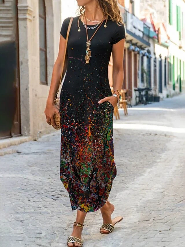 Women's Long Dress Maxi Dress Casual Dress Shift Dress Summer Dress Floral Geometric Feather Fashion Streetwear Outdoor Daily Going Out Pocket Split Short Sleeve Crew Neck Dress Regular Fit Black 2 Women's Long Dress Maxi Dress Casual Dress Shift Dress Summer Dress Floral Geometric Feather Fashion Streetwear Outdoor Daily Going Out Pocket Split Short Sleeve Crew Neck Dress Regular Fit Black - Image 2