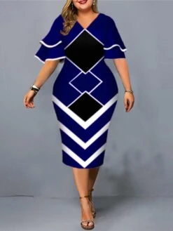 Women‘s Plus Size Curve Work Dress Geometric V Neck Short Sleeve Spring Fall Fashion Elegant Modern Midi Dress Formal Office Dress -Casual Print Dress Sales cnalud1671091292101