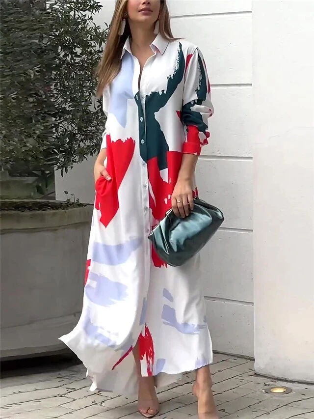 Women's Long Dress Maxi Dress Shirt Dress Casual Dress Satin Dress Graphic Fashion Streetwear Outdoor Daily Vacation Button Print 3/4 Length Sleeve Shirt Collar Dress Loose Fit White Summer Spring S 3 Women's Long Dress Maxi Dress Shirt Dress Casual Dress Satin Dress Graphic Fashion Streetwear Outdoor Daily Vacation Button Print 3/4 Length Sleeve Shirt Collar Dress Loose Fit White Summer Spring S - Image 3