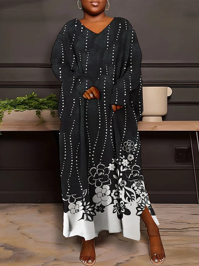 Women's Plus Size Curve Casual Dress Sweatshirt Dress Winter Dress Floral Gradient Long Dress Maxi Dress Long Sleeve Split Print V Neck Fashion Outdoor Black White Fall Winter L XL XXL 3XL 4XL 4 Women's Plus Size Curve Casual Dress Sweatshirt Dress Winter Dress Floral Gradient Long Dress Maxi Dress Long Sleeve Split Print V Neck Fashion Outdoor Black White Fall Winter L XL XXL 3XL 4XL - Image 4