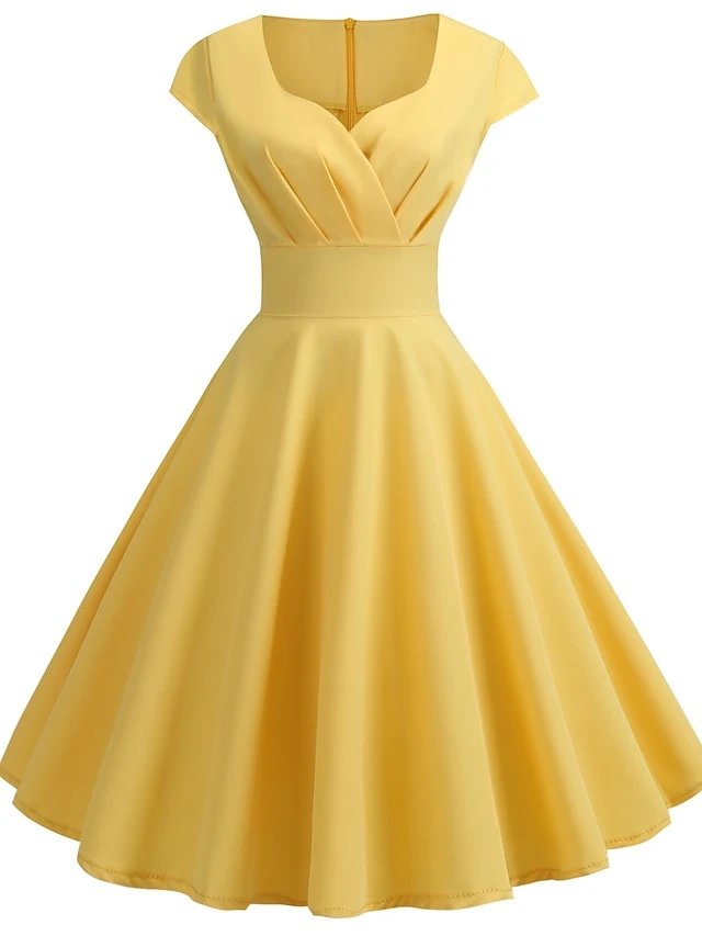 Women's Swing Dress Vintage Tea Dresses Midi Dress Black Yellow Pink Short Sleeve Pure Color Ruched Spring Summer Crew Neck Vintage Daily Weekend Slim S M L XL XXL 2 Women's Swing Dress Vintage Tea Dresses Midi Dress Black Yellow Pink Short Sleeve Pure Color Ruched Spring Summer Crew Neck Vintage Daily Weekend Slim S M L XL XXL - Image 2