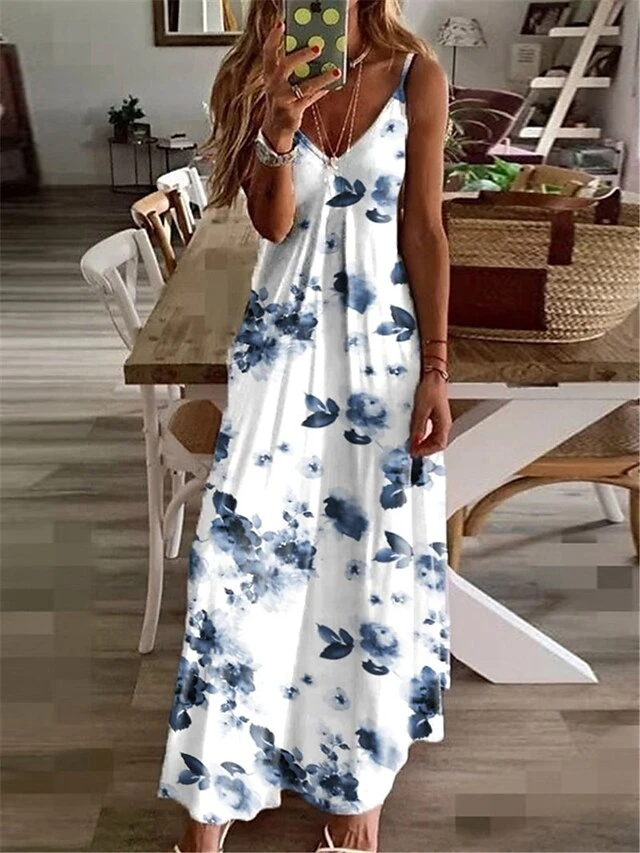 Women's Casual Dress Swing Dress A Line Dress Long Dress Maxi Dress White Blue Light Blue Short Sleeve Floral Print Summer Spring Spaghetti Strap Vacation 2023 S M L XL XXL 3XL 2 Women's Casual Dress Swing Dress A Line Dress Long Dress Maxi Dress White Blue Light Blue Short Sleeve Floral Print Summer Spring Spaghetti Strap Vacation 2023 S M L XL XXL 3XL - Image 2