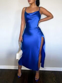 Women's Plus Size Curve Party Dress Cocktail Dress Wedding Guest Dress Midi Dress Blue Sleeveless Pure Color Split Spring Fall Winter Spaghetti Strap Fashion Wedding Guest Vacation Fall Dress XL XXL -Casual Print Dress Sales cnuosu1692178378266