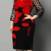 Women‘s Plus Size Curve Party Dress Cocktail Dress Sheath Dress Midi Dress Black Red Fuchsia 3/4 Length Sleeve Floral Mesh Summer Spring Fall Crew Neck Fashion Wedding Guest Vacation Fall Dress