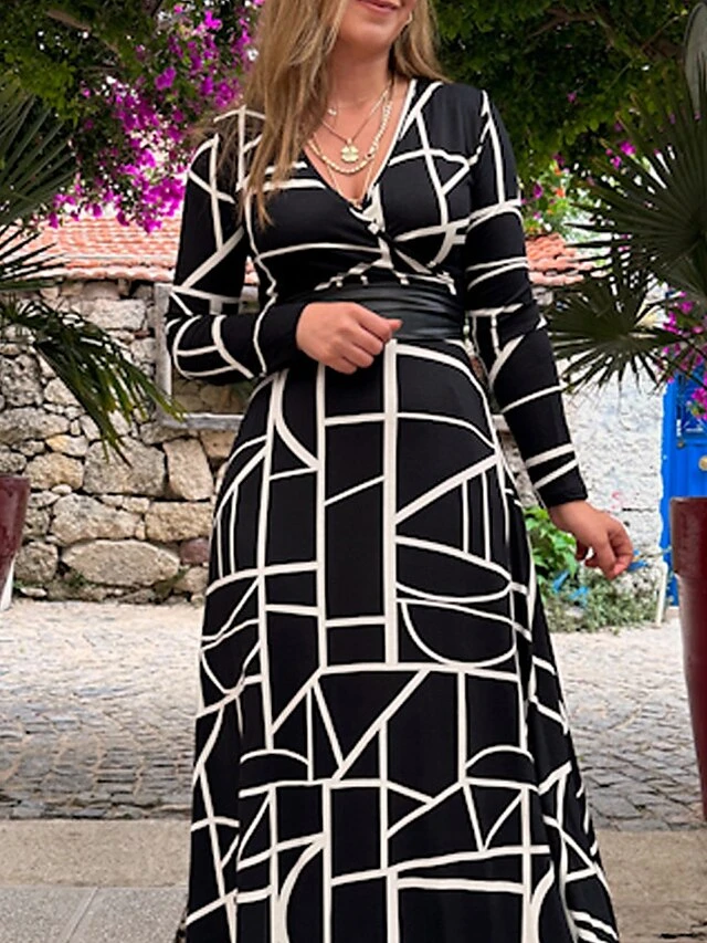 Women's Casual Dress Swing Dress A Line Dress Geometric Color Block Print V Neck Long Dress Maxi Dress Fashion Streetwear Outdoor Daily Long Sleeve Loose Fit Black Spring Fall S M L XL XXL 2 Women's Casual Dress Swing Dress A Line Dress Geometric Color Block Print V Neck Long Dress Maxi Dress Fashion Streetwear Outdoor Daily Long Sleeve Loose Fit Black Spring Fall S M L XL XXL - Image 2