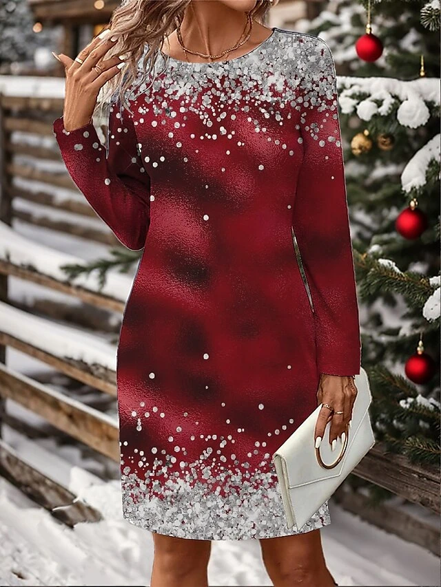 Women's Christmas Dress Casual Dress Mini Dress Active Fashion Outdoor Christmas Holiday Crew Neck Print Snowman Snowflake Loose Fit Black White Wine S M L XL XXL 4 Women's Christmas Dress Casual Dress Mini Dress Active Fashion Outdoor Christmas Holiday Crew Neck Print Snowman Snowflake Loose Fit Black White Wine S M L XL XXL - Image 4