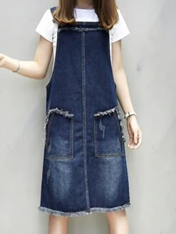 Women's Denim Overall Pinafore Dress Midi Dress Cotton Denim Stylish Basic Outdoor Daily Vacation Square Neck Pocket Raw Edge Sleeveless Summer Spring 2023 Regular Fit Dark Blue Pure Color M L XL XXL