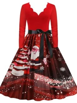 Women's Christmas Party Dress Swing DressKnee Length Dress Green Purple Wine Red Black Long Sleeve Santa Claus Elk Snowman Print Fall Winter V Neck Vintage Party Elegant Party 2022 S M L XL XXL 3XL -Casual Print Dress Sales cpipsy1667874475338