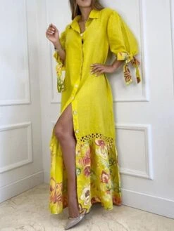 Women's Shirt Dress Casual Dress Shift Dress Long Dress Maxi Dress White Yellow Pink 3/4 Length Sleeve Floral Split Summer Spring Shirt Collar Fashion Loose Fit 2023 S M L XL 2XL 3XL 4XL -Casual Print Dress Sales cpkclf1672050942553