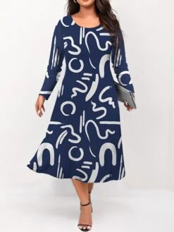 Women's Plus Size Curve Casual Dress Skater Dress A Line Dress Letter Midi Dress Long Sleeve Print Crew Neck Fashion Outdoor Blue Green Fall Winter L XL XXL 3XL 4XL