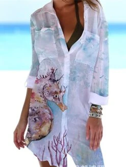 Women's Shirt Dress Cover Up Beach Wear Mini Dress Pocket Print Fashion Casual Fish Turndown 3/4 Length Sleeve Loose Fit Outdoor Daily White Blue 2023 Summer Spring S M L XL -Casual Print Dress Sales cprett1676972500349