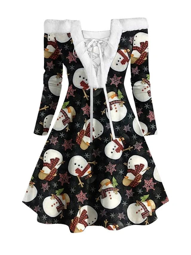 Women's Christmas Swing Dress Vintage Dress Mini Dress Green Blue Royal Blue Red White Black Long Sleeve Santa Claus Snowman Snowflake Feather Print Winter Fall Off Shoulder Stylish Elegant 5 Women's Christmas Swing Dress Vintage Dress Mini Dress Green Blue Royal Blue Red White Black Long Sleeve Santa Claus Snowman Snowflake Feather Print Winter Fall Off Shoulder Stylish Elegant - Image 5