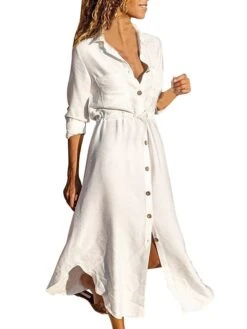 Women's Casual Dress Plain Dress Spring Dress Midi Dress Button Split Daily Date Going Out Fashion Elegant Shirt Collar Long Sleeve 2023 Loose Fit Black White Wine Color S M L XL XXL Size -Casual Print Dress Sales cqhjbe1692616259056