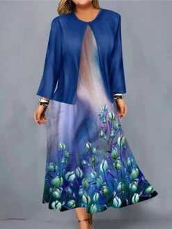 Women's Christmas Plus Size Curve Casual Dress Dress Set Two Piece Dress Floral Midi Dress Long Sleeve Print Crew Neck Fashion Outdoor Wine Blue Fall Winter L XL XXL 3XL 4XL -Casual Print Dress Sales cqiqfo1697170158339