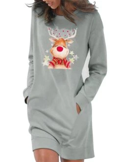 Women‘s Christmas Casual Dress Hoodie Dress Light Blue Grey White Long Sleeve Elk Pocket Print Winter Fall Crew Neck Stylish Casual Fall Dress Loose Fit 2022 S M L XL 2XL / Cotton / Winter Dress -Casual Print Dress Sales cqwipz1666259114958