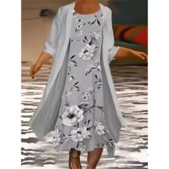 Women's Plus Size Curve Two Piece Dress Floral Round Neck Print 3 4 Length Sleeve Spring Summer Work Casual Midi Dress Casual Daily Dress