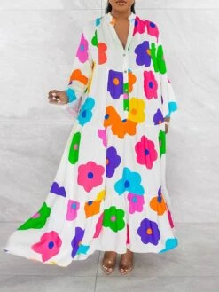 Women's Shirt Dress Casual Dress Swing Dress Maxi Long Dress Outdoor Daily Vacation Polyester Fashion Modern Split Neck Ruffle Print Long Sleeve Summer Spring Fall 2023 Loose Fit White Tie Dye Flower