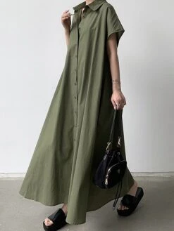 Women's Shirt Dress Casual Dress Maxi Long Dress Outdoor Daily Cotton Linen Basic Classic Shirt Collar Button Short Sleeve Summer Spring 2023 Loose Fit Navy Blue Brown Green Pure Color S M L XL XXL -Casual Print Dress Sales cspcxp1688542114844